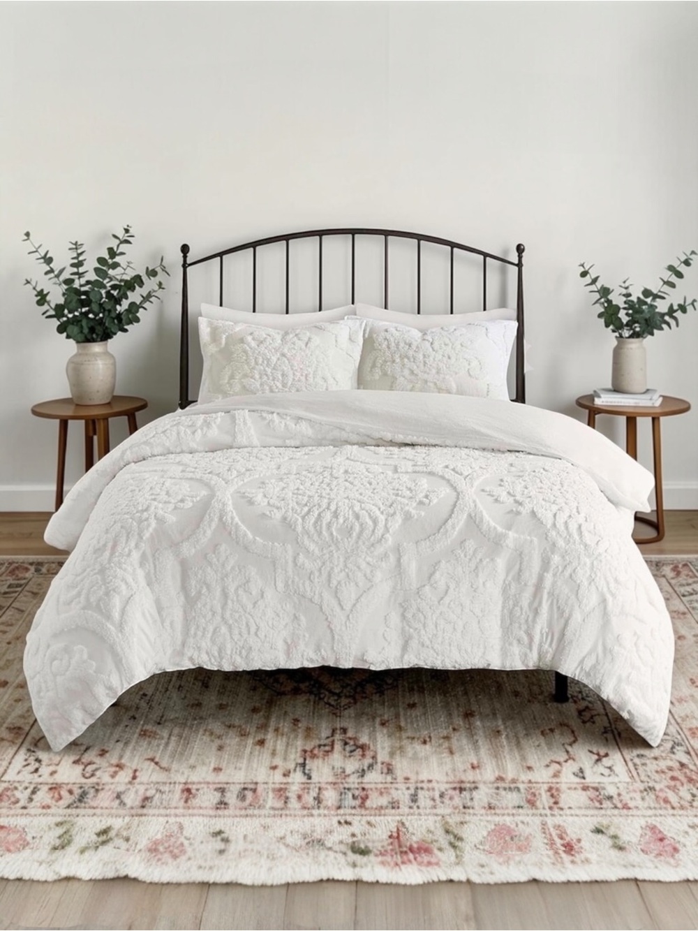 NEW Anthro White Queen / King Chenille Damask Duvet Bedspread Blanket & Sham Set